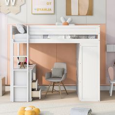 a white loft bed sitting next to a desk with a chair on top of it