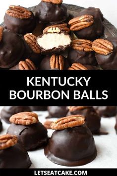 chocolate covered bourbon balls with pecans on top and the words kentucky bourbon balls above them