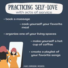 a poster with the words practicing self - love and an image of two women looking in a mirror