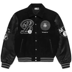 Nba Brooklyn Nets Black Varsity Jacket Weeknd Music, Black Varsity Jacket, Varsity Jacket Black, Nba Jacket, Concept Clothing, Leather Sleeves, Brooklyn Nets, National Basketball Association, Leather Sleeve