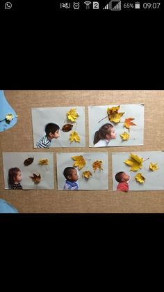 four pictures of children's faces with leaves on them, and one is holding a leaf