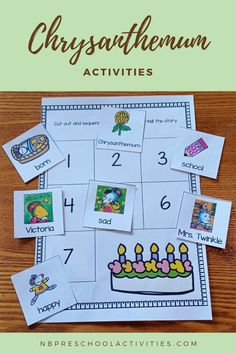 the printable worksheet for chrysafthenum activities with pictures of birthday cakes and candles