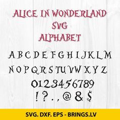 the alice in wonderland font and numbers are displayed on a white wooden background with yellow border