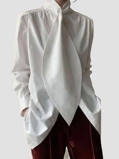 Oversized White Shirt, White Long Sleeves, White Shirt Blouse, High Neck Blouse, Chic Blouses, The Office Shirts, Loose Outfit, Winter Tops, Loose Blouse