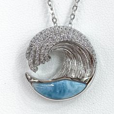 Sterling silver wave pendant with cubic zorconia setting Spiritual Balance, Larimar Necklace, Symbol Of Peace, Wave Necklace, Woman Jewelry, Jewelry Design Inspiration, Larimar Pendant, Nautical Jewelry, The Dominican Republic