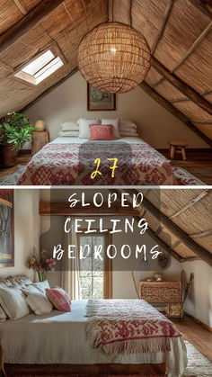 two pictures of a bedroom with wooden ceilings