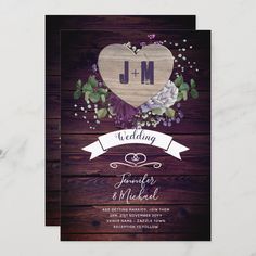 wedding card with the initials j and m on it, surrounded by greenery and flowers