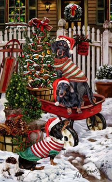 a painting of two dogs pulling a christmas tree in a wagon