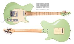 two green guitars are shown side by side