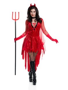 a woman dressed in devil costume holding a pitchfork