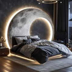 a large bed sitting next to a window in a room with a moon on the wall