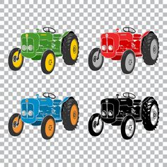 four different colored tractors on a transparent background