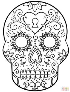 a sugar skull with flowers and hearts on it's face, in black and white