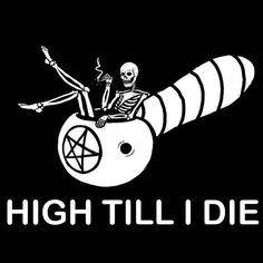 a black and white image of a skeleton riding on top of a rocket with the words high