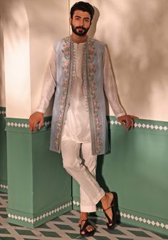 Powder Blue And Ivory Long Jacket Kurta Set Shreyansh - Fabilicious Fashion Sangeet Outfit For Man, Indian Menswear Wedding, Kurta Set For Men Wedding, Kurta And Jacket For Men Wedding, Bollywood Mens Fashion, Men Sangeet Outfits, Kurta Jackets For Men, Wedding Guest Dress Men, Traditional Outfits For Men