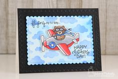 a handmade card with a bear on an airplane and the words flying by to say happy father's day