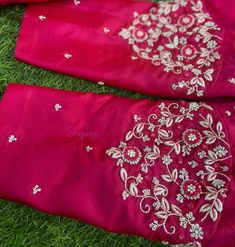 Net Hands Maggam Work Blouses, Kardana Work Embroidery Blouse, Pink Blouse Silver Maggam Work, Silver Maggam Work Blouses, Silver Aari Work Blouse, Red Blouse Design, Silk Saree Blouse Designs Patterns