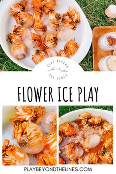 the recipe for flower ice play is shown in three different pictures, including shrimp and clams