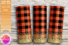 three orange and black plaid tumblers with gold glitters on the sides, sitting next to each other