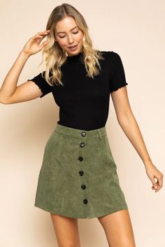 Nina Morena | Women's Tessa Mini Corduroy Skirt In Olive Cord Skirt Outfit, Cord Skirt, Corduroy Mini Skirt, Skirt With Belt, A Line Shorts, Jumpsuits And Romper, Corduroy Skirt, Edgy Look, Black Button