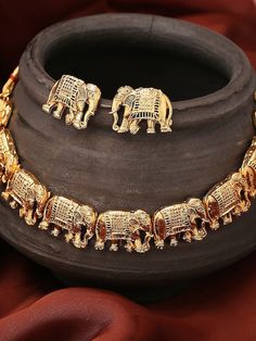 Gold-Plated Elephant Design Antique Choker Necklace Set VitansEthnics Luxury Traditional Necklace With Round Pendant, Luxury Gold Sets With Motifs, Luxury Brown Traditional Jewelry, Luxury Gold-toned German Silver Necklaces, Elephant India, Antique Choker, Wedding Jumpsuit, Elephant Necklace, Choker Necklace Set