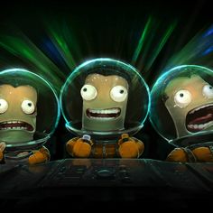 three cartoon characters sitting at a table in front of a computer screen with glowing lights behind them