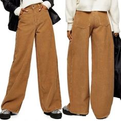 -High Waisted -Wide Leg -Size 26 Length 30 Full Length Beige Jeans For Fall, Beige Corduroy Pants For Fall, High Rise Beige Pants For Fall, High Rise Brown Bottoms For Winter, Brown Jeans For Fall, Trendy Beige Corduroy Bottoms, Trendy Full-length Brown Wide Leg Pants, Casual Brown Mid-rise Wide Leg Pants, Brown Cotton Wide-leg Pants