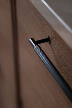 a close up of a door handle on a wooden cabinet with a metal bar attached to it