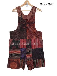 "Hippie cotton overalls short with Wooden buttons on shoulder and hips for adjustment. Front 1 pocket, 2 side pockets and back pocket.   Features:-  * 100% Cotton and stone washed   * Lots of pockets , front, side and back.    * Patchwork shorts overall  * Wooden buttons with adjustment on shoulder and hips. *Handmade in Nepal 🇳🇵   *  SIZING GUIDE  Size            Chest        Waist       Hips  M (8-10)      36-37\"       27-28\"      37-38\"  L (12-14 )       38-39\"      29-30\"     39-41\" Cotton Shortalls With Pockets, Cotton Overalls With Pockets For Festival, Casual Cotton Overalls For Festivals, Hippie Summer Overalls With Pockets, Hippie Cotton Jumpsuits And Rompers With Pockets, Shorts Overalls, Cotton Overalls, Patchwork Shorts, Short Overalls