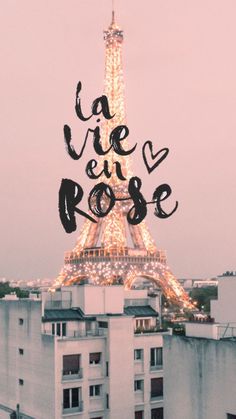 the eiffel tower in paris is lit up with lights and words that read la vie de rose