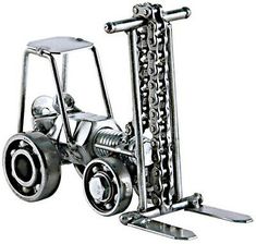 a metal model of a forklift with wheels and chains attached to the front wheel