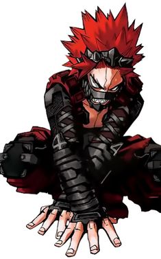 an anime character with red hair and black gloves on his face, holding hands in the air