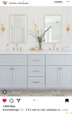 a bathroom with two sinks and mirrors on the wall