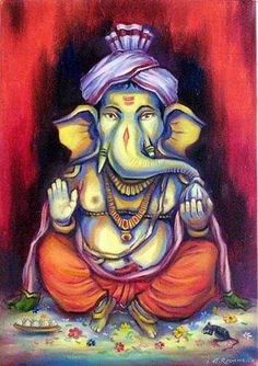 an oil painting of the god ganesha sitting in front of a red background