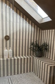 a bathroom with tiled walls and flooring in the shower area, along with two planters