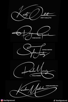 four different types of handwriting written in white ink on black paper with the words, love and