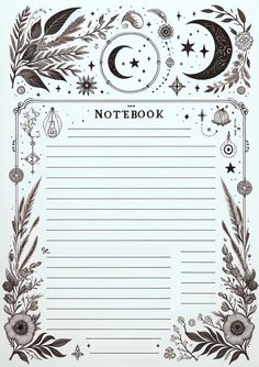 a notebook with an image of the moon and stars on it, surrounded by leaves