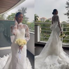 two pictures of a woman wearing a wedding dress and holding a bouquet in her hand