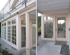 before and after shots of a house with double doors on the outside, and in the inside