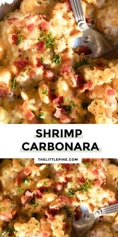 shrimp carbonara in a white casserole dish with a serving spoon