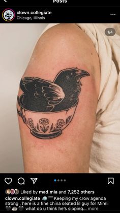 a black bird sitting in a bowl tattoo on the left upper arm and right upper arm