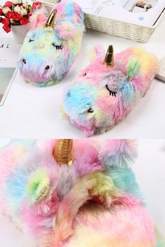 Rainbow Slippers, Unicorn Shoes, Unicorn Accessories, Rainbow Plush, Unicorn Bedroom, Bedroom Slippers, Soft Slippers