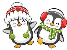 two penguins wearing hats and scarves