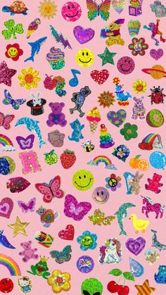 a pink background with lots of different types of stickers on it