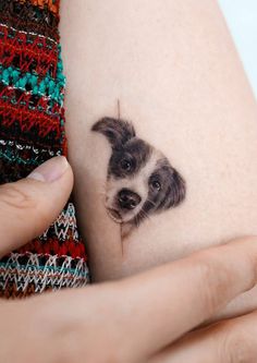 a small dog's face is shown on the side of a woman's arm