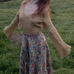 tan yellow witchy bell sleeve, v neck knit sweater! 🌾🍂🐌 size medium but fits like a small as well in pretty much perfect condition for a vintage piece can be tucked in or synched at the waist    y2k 2000s 90s retro cottagecore fairy fairycore faerie fairygoth fae elven soft girl gyaru winter Gyaru Winter, V Neck Knit Sweater, Retro Cottagecore, Cottagecore Fairy, 90s Retro, Soft Girl, Y2k 2000s, Outfits With Leggings