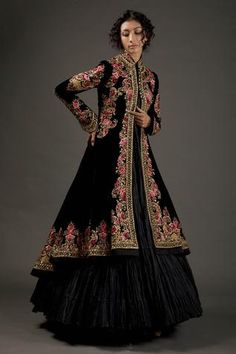 Black silk velvet long jacket with floral resham thread embroidery and hand work. 
Component: 1
Pattern: Embroidered
Type Of Work: Resham Thread Work
Neckline: Mandarin Collar
Sleeve Type: Long Sleeves
Fabric: Silk Velvet; Lining: Silk
Color: Black
Other Details: 
Floral motifs
Pleated hem
Asymmetric hem cut
Multi colored work
Front potli placket
Note: The inner dress worn by the model is not for sale
Occasion: Destination Wedding - Aza Fashions Fancy Maxi Dresses, Long Jacket For Women, Fancy Maxi, Fancy Maxi Dress, Long Jacket Dresses, Casual Bridal Dress, Long Jackets For Women, Stylish Maxi Dress, Velvet Dress Designs