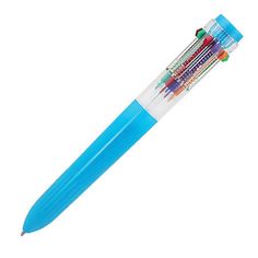 a blue and white toothbrush with four different colored brushes in it