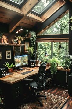 a home office with lots of plants in the corner and a skylight above it