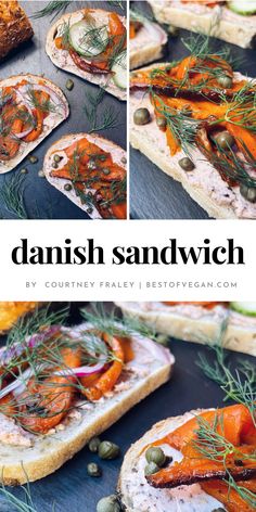 danish sandwich with salmon, capers and dill sprouts on it is shown